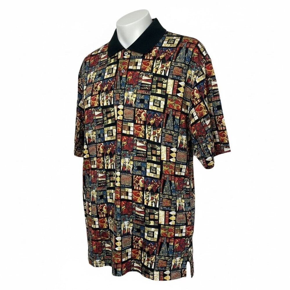 Riscatto Men's Polo Shirt Geometric Retro Patchwork Print Size Large NWOT
